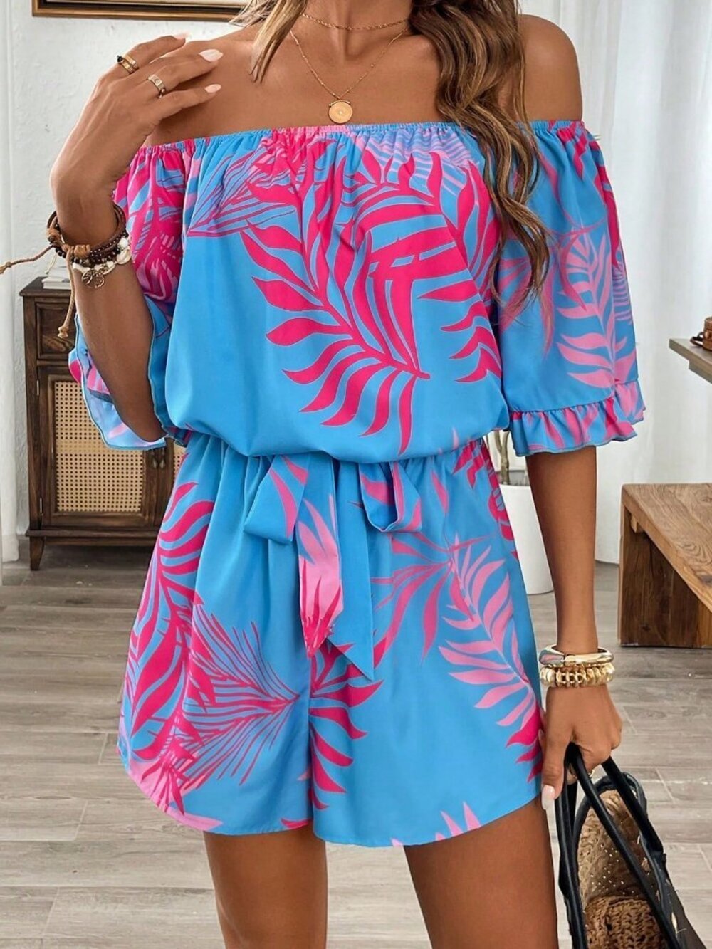 Multicolor Boho Women's Off Shoulder Tropical Print Puff Sleeves Romper - Picture 4 of 4